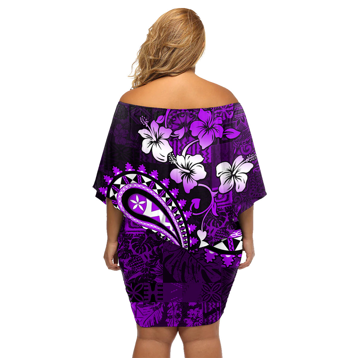 Fiji Masi Paisley Family Matching Off Shoulder Short Dress and Hawaiian Shirt Fijian Hibiscus Tapa Purple Version LT01 - Polynesian Pride