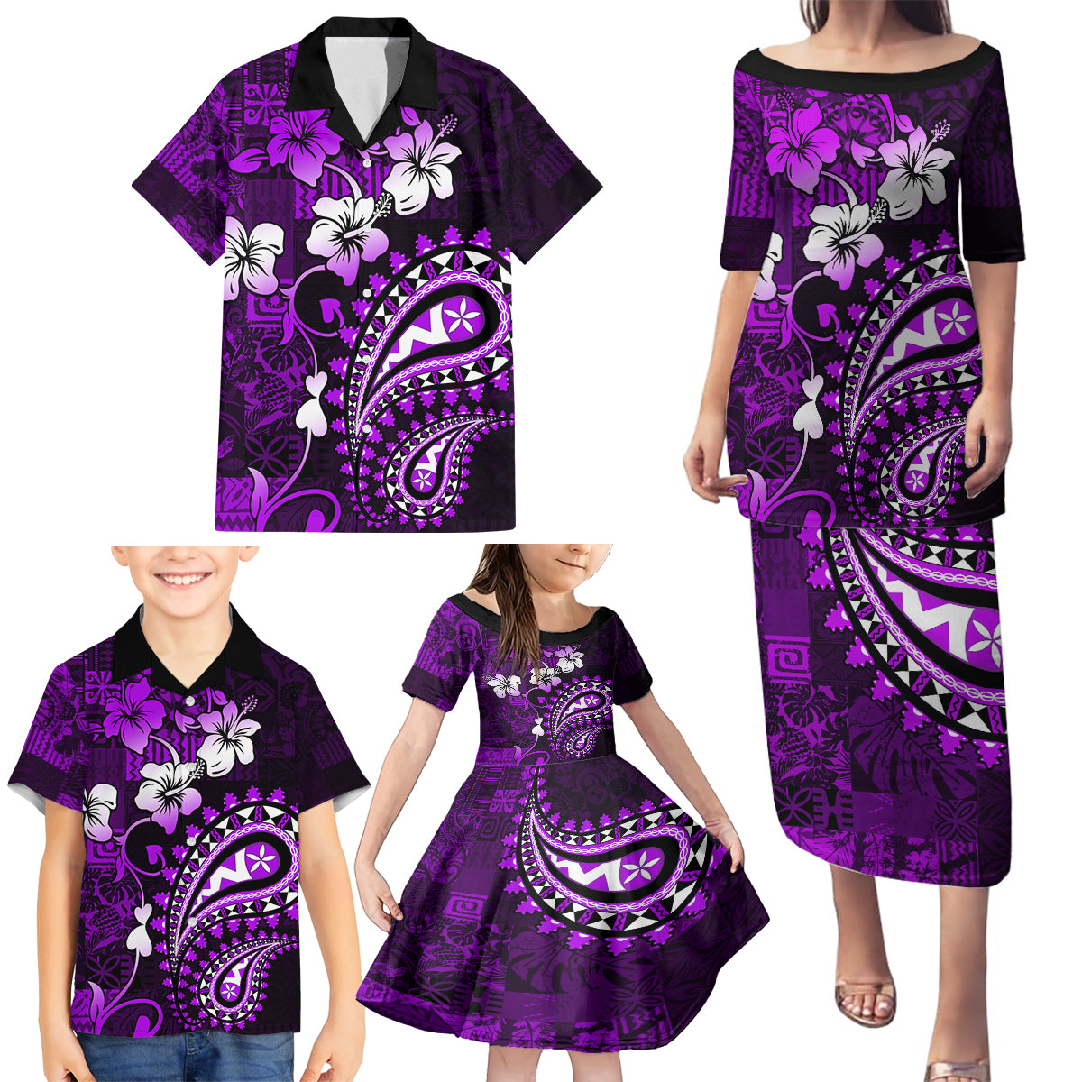 Fiji Masi Paisley Family Matching Puletasi Dress and Hawaiian Shirt Fijian Hibiscus Tapa Purple Version LT01 - Polynesian Pride