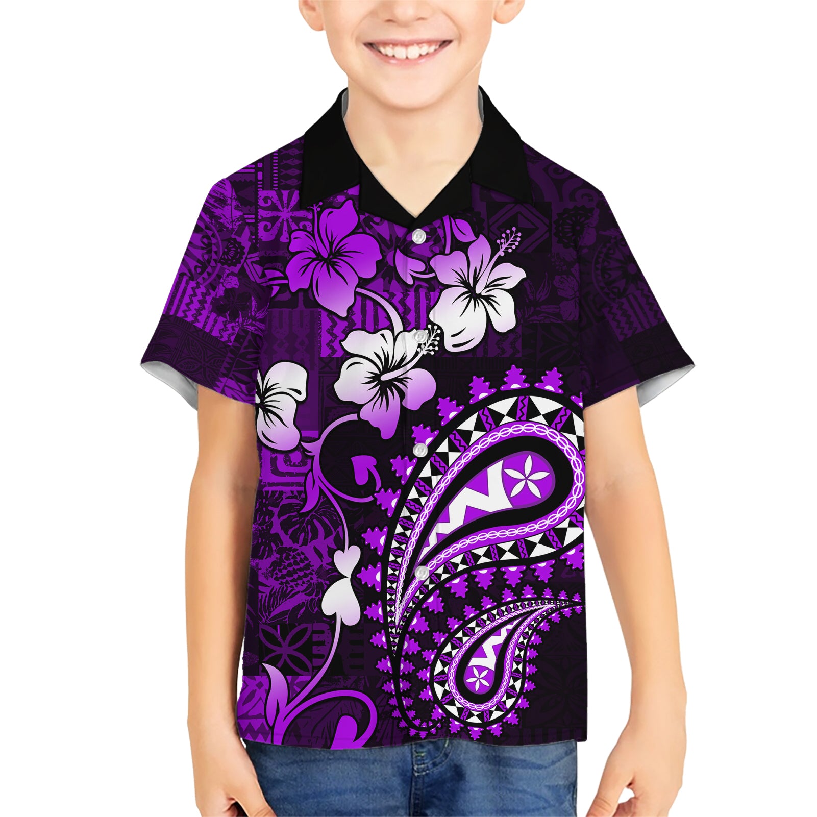Fiji Masi Paisley Kid Hawaiian Shirt Fijian Hibiscus Tapa Purple Version LT01 Kid Purple - Polynesian Pride