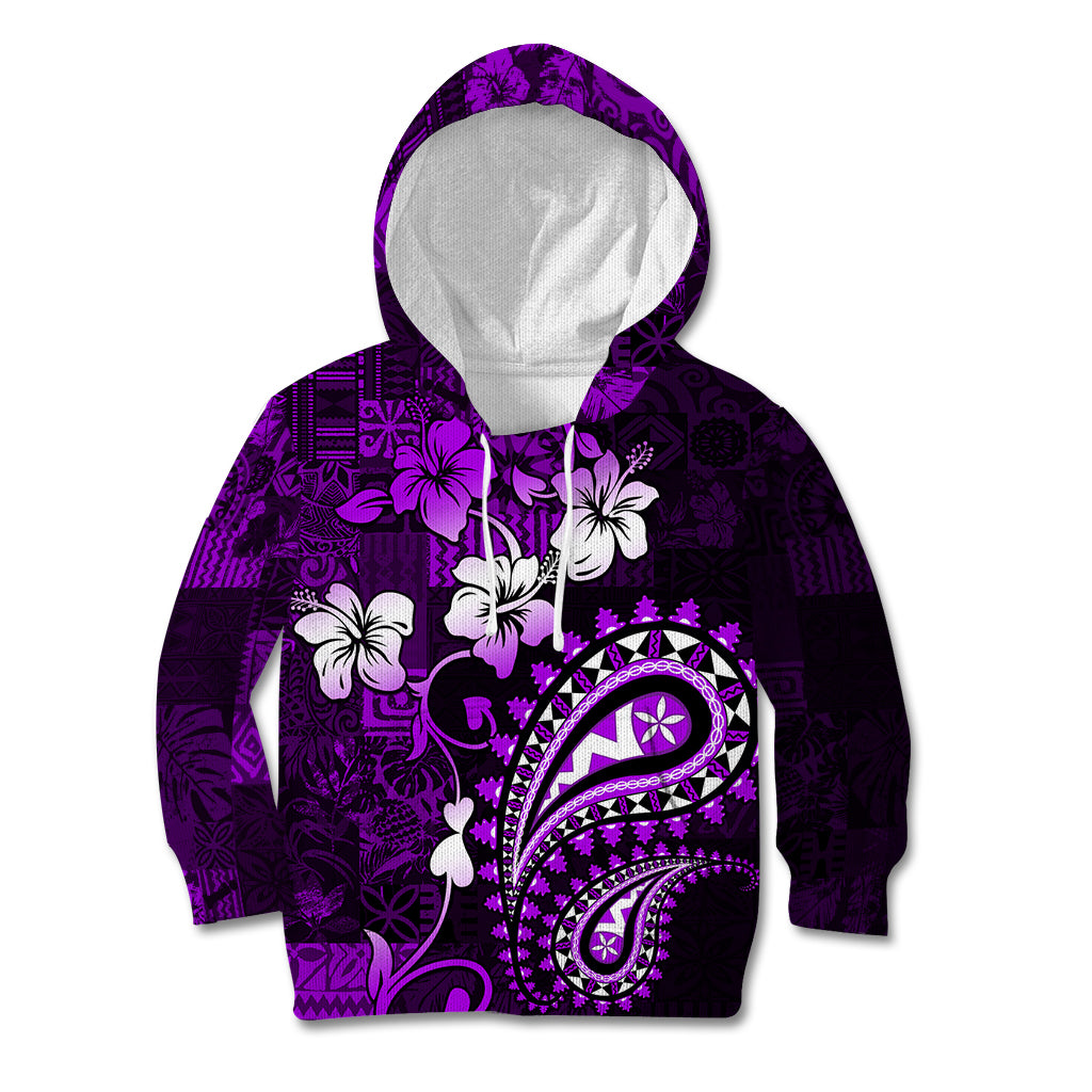 Fiji Masi Paisley Kid Hoodie Fijian Hibiscus Tapa Purple Version LT01 Purple - Polynesian Pride