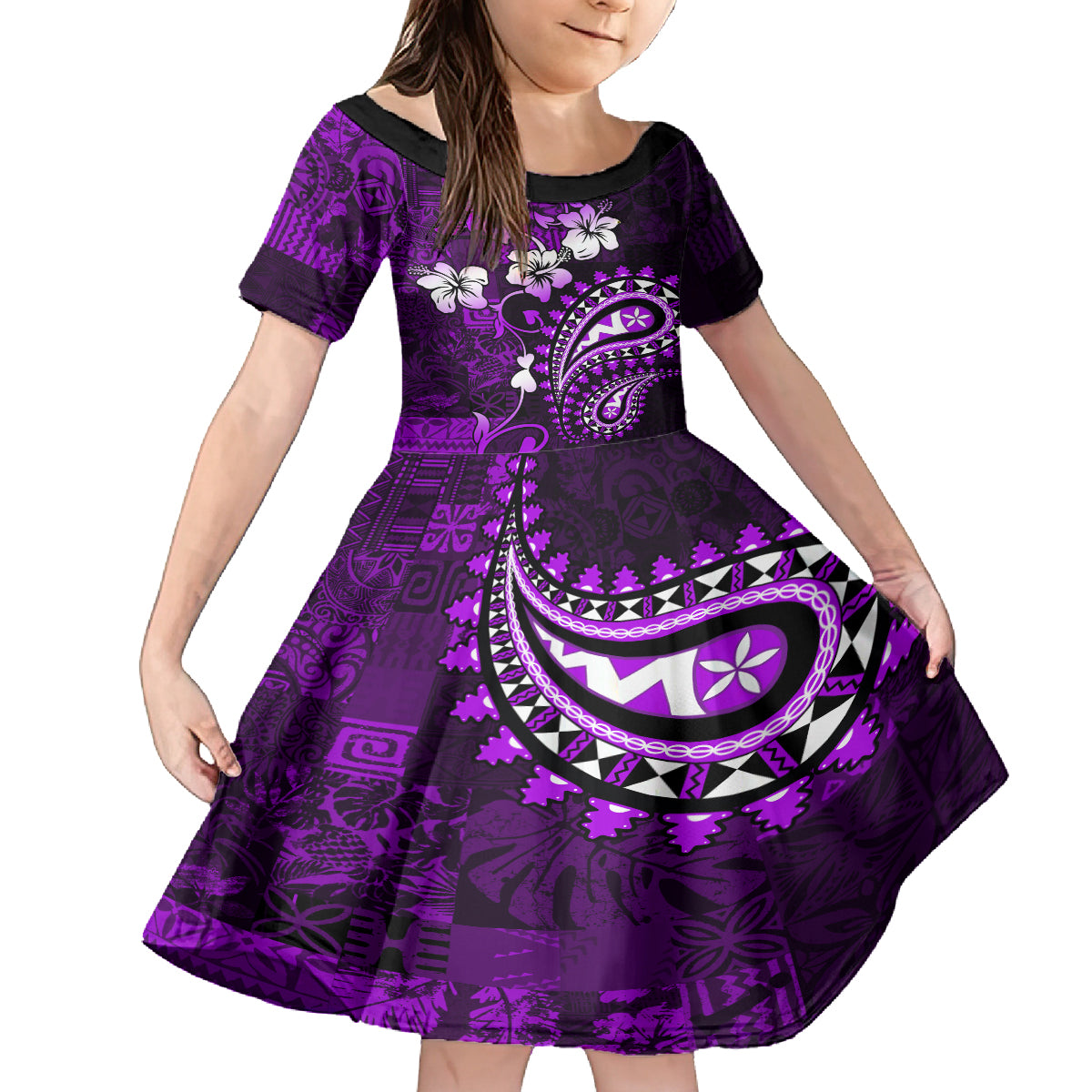 Fiji Masi Paisley Kid Short Sleeve Dress Fijian Hibiscus Tapa Purple Version LT01 KID Purple - Polynesian Pride