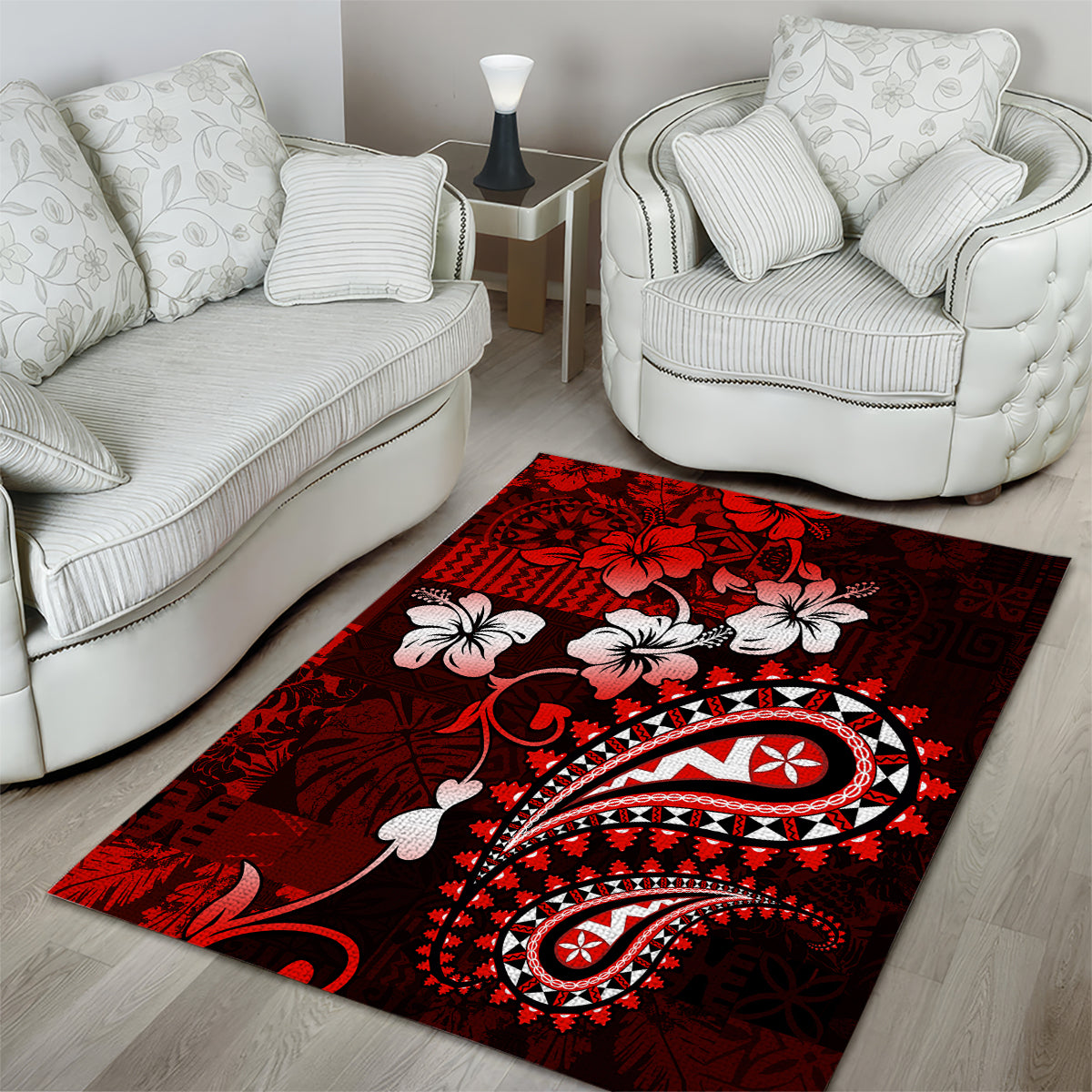Fiji Masi Paisley Area Rug Fijian Hibiscus Tapa Red Version LT01 - Polynesian Pride