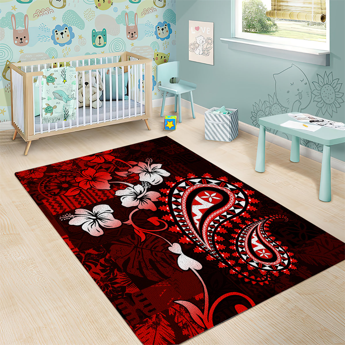 Fiji Masi Paisley Area Rug Fijian Hibiscus Tapa Red Version LT01 - Polynesian Pride