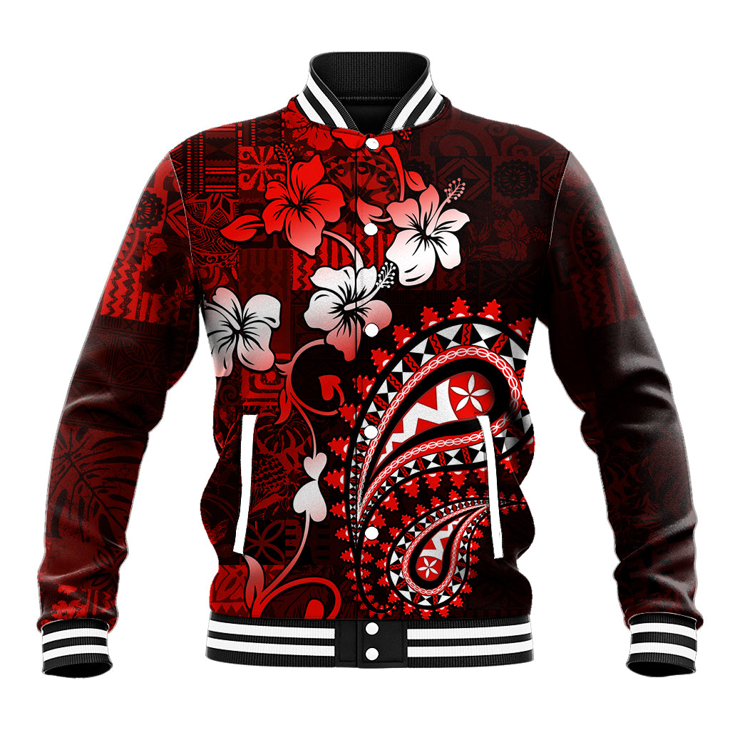 Fiji Masi Paisley Baseball Jacket Fijian Hibiscus Tapa Red Version LT01 Unisex Red - Polynesian Pride