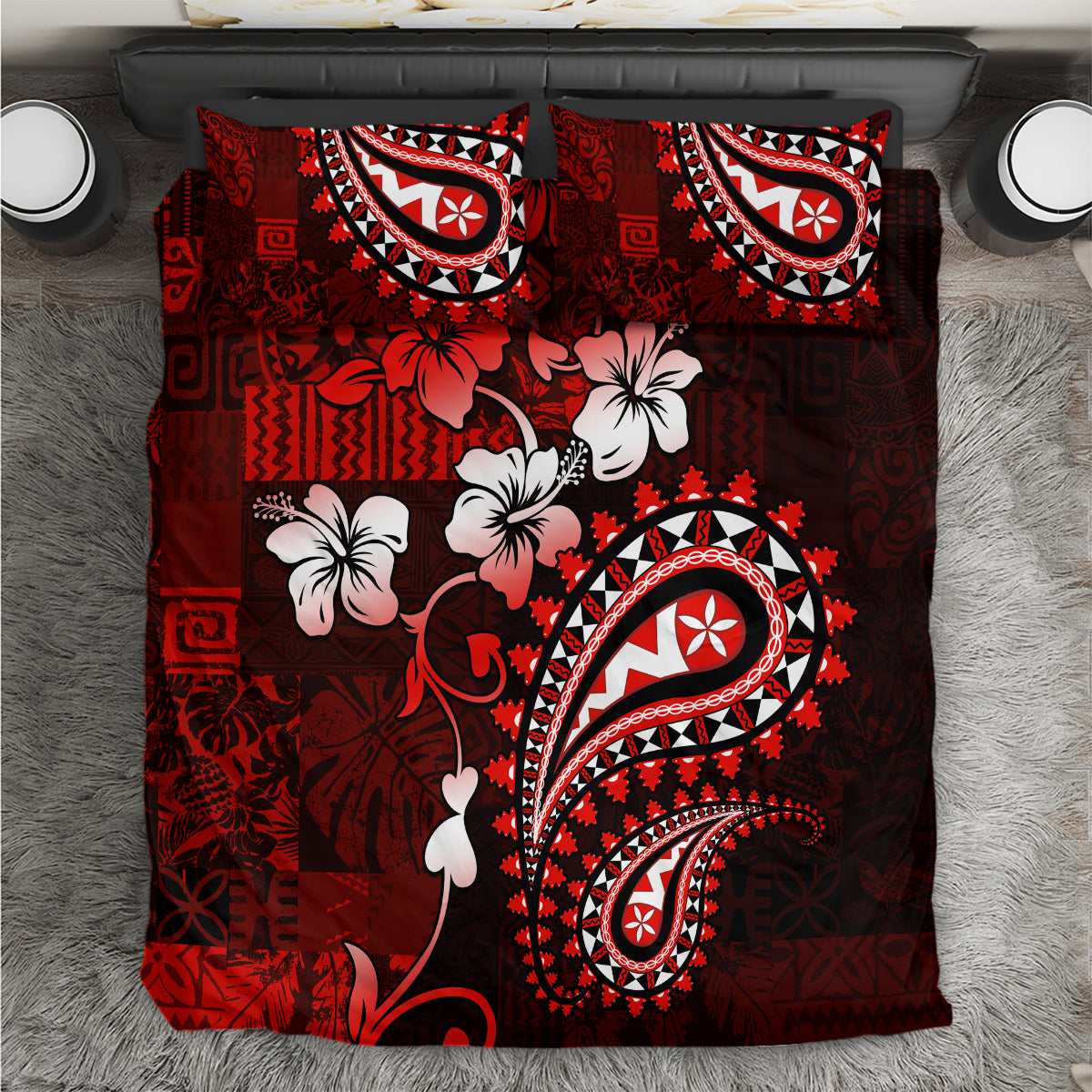 Fiji Masi Paisley Bedding Set Fijian Hibiscus Tapa Red Version LT01 Red - Polynesian Pride