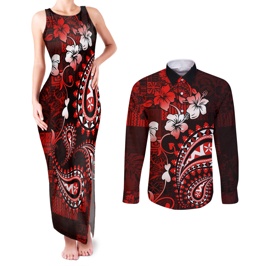 Fiji Masi Paisley Couples Matching Tank Maxi Dress and Long Sleeve Button Shirt Fijian Hibiscus Tapa Red Version LT01 Red - Polynesian Pride