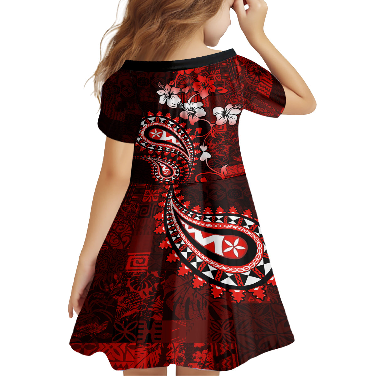 Fiji Masi Paisley Family Matching Puletasi Dress and Hawaiian Shirt Fijian Hibiscus Tapa Red Version LT01 - Polynesian Pride