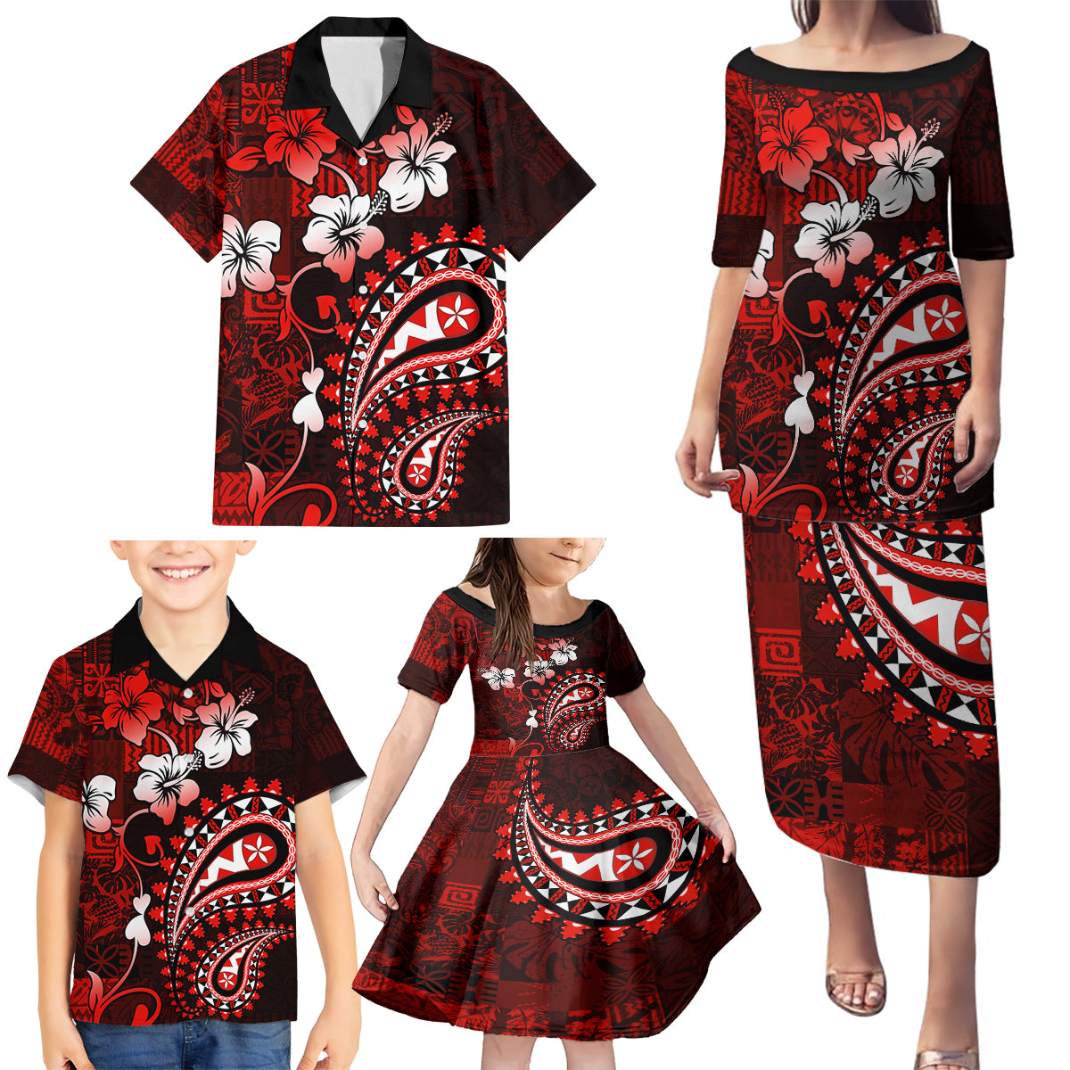 Fiji Masi Paisley Family Matching Puletasi Dress and Hawaiian Shirt Fijian Hibiscus Tapa Red Version LT01 - Polynesian Pride