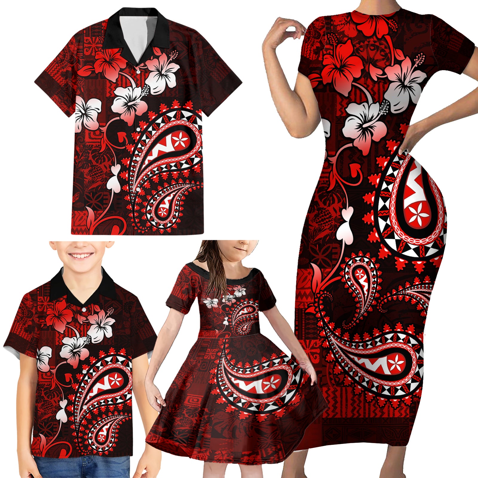 Fiji Masi Paisley Family Matching Short Sleeve Bodycon Dress and Hawaiian Shirt Fijian Hibiscus Tapa Red Version LT01 - Polynesian Pride