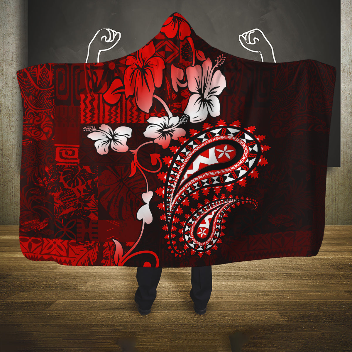 Fiji Masi Paisley Hooded Blanket Fijian Hibiscus Tapa Red Version LT01 One Size Red - Polynesian Pride