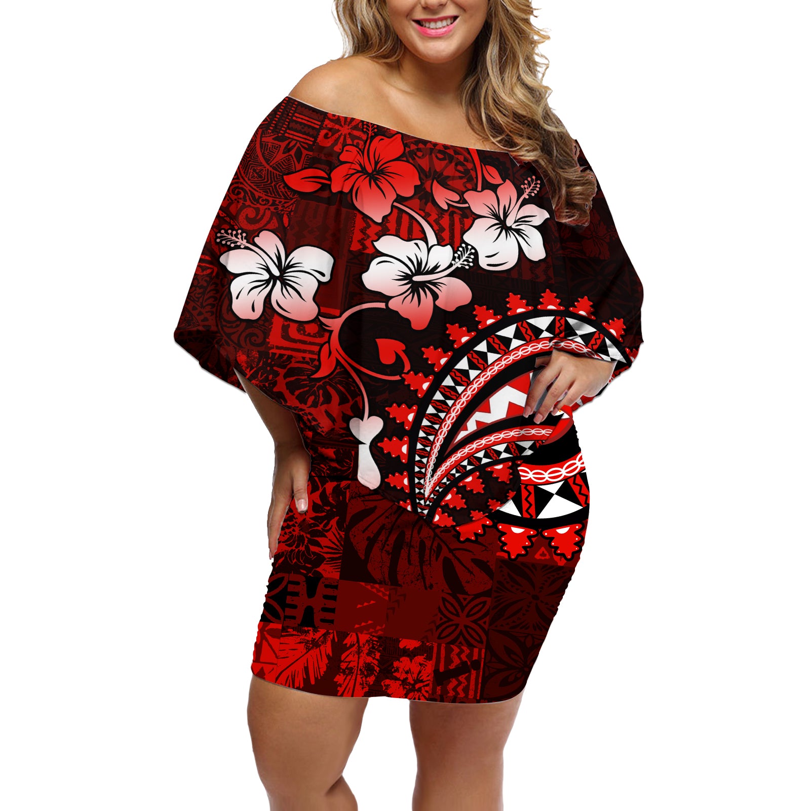 Fiji Masi Paisley Off Shoulder Short Dress Fijian Hibiscus Tapa Red Version LT01 Women Red - Polynesian Pride