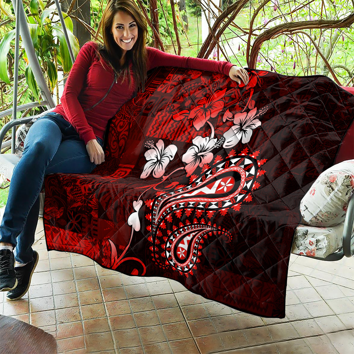 Fiji Masi Paisley Quilt Fijian Hibiscus Tapa Red Version LT01 - Polynesian Pride