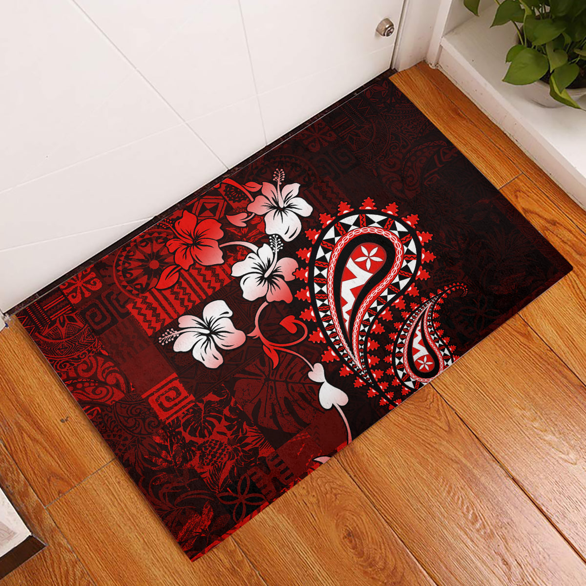 Fiji Masi Paisley Rubber Doormat Fijian Hibiscus Tapa Red Version LT01 Red - Polynesian Pride
