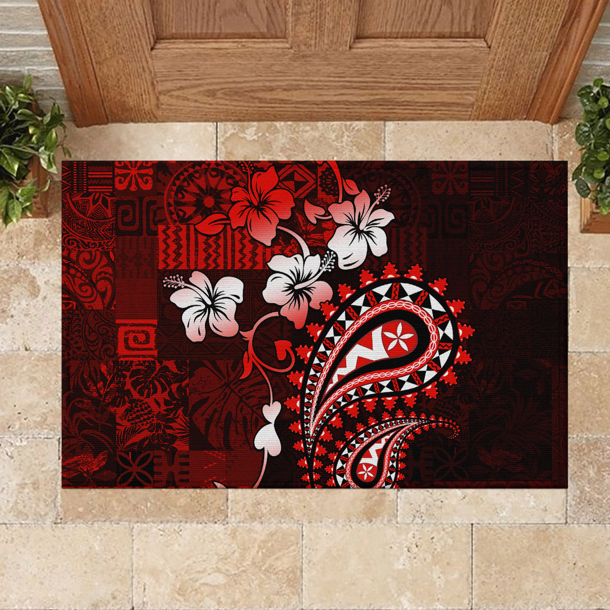 Fiji Masi Paisley Rubber Doormat Fijian Hibiscus Tapa Red Version LT01 - Polynesian Pride