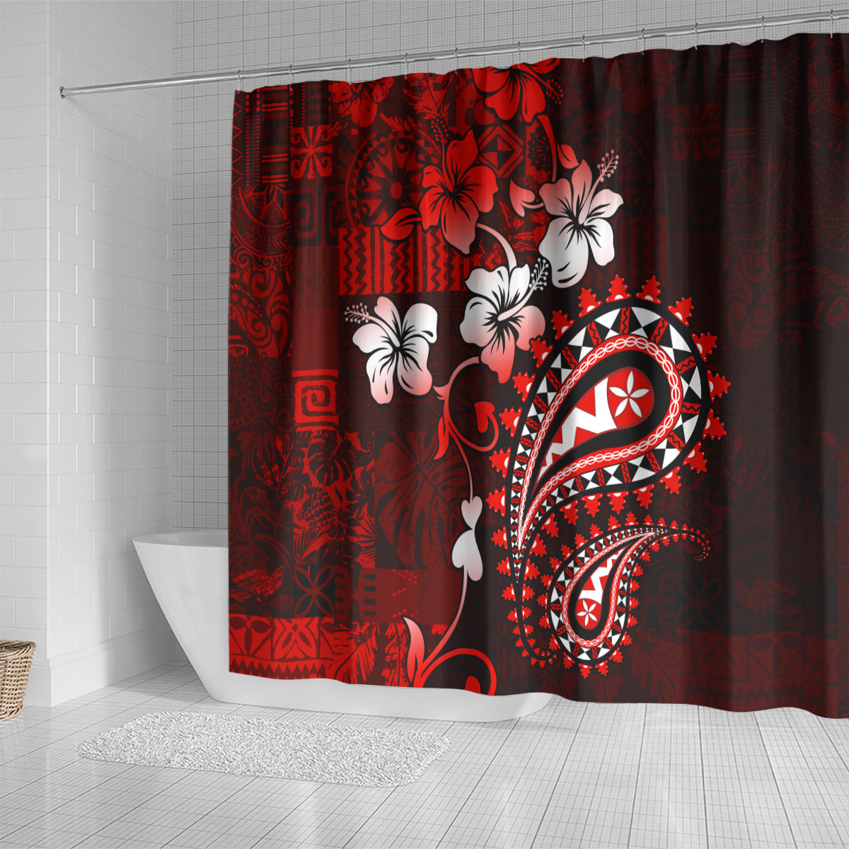 Fiji Masi Paisley Shower Curtain Fijian Hibiscus Tapa Red Version LT01 - Polynesian Pride