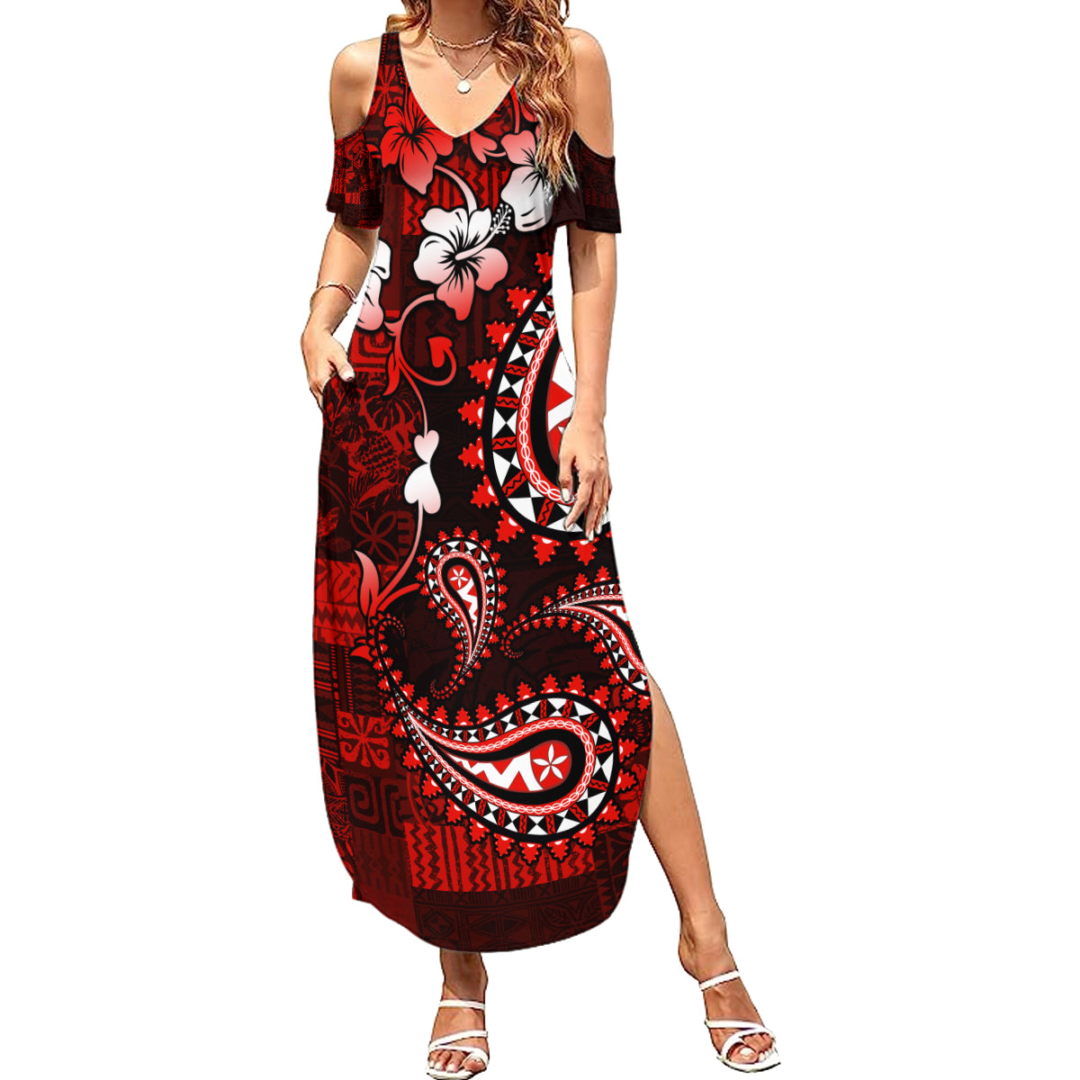 Fiji Masi Paisley Summer Maxi Dress Fijian Hibiscus Tapa Red Version LT01 Women Red - Polynesian Pride