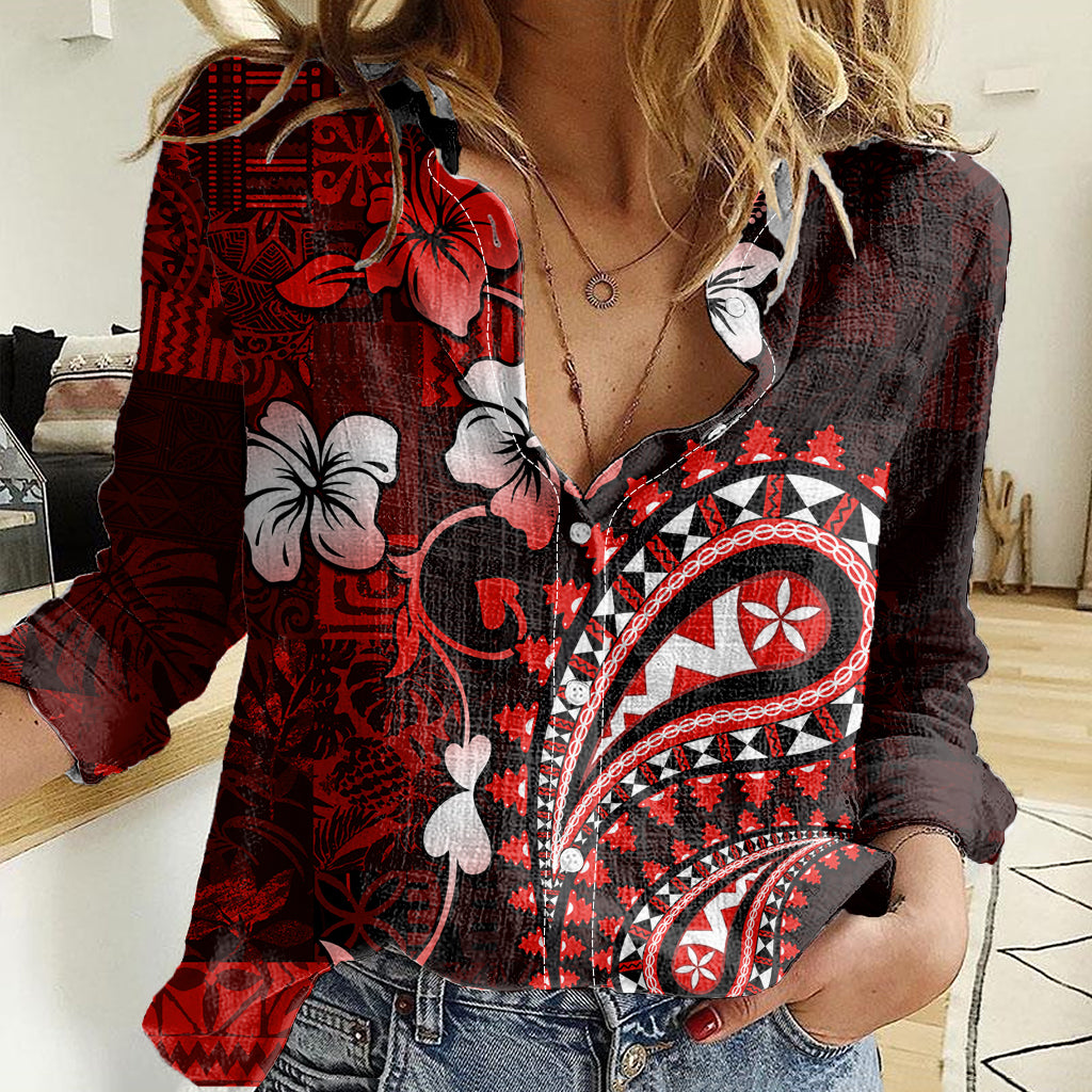 Fiji Masi Paisley Women Casual Shirt Fijian Hibiscus Tapa Red Version LT01 Female Red - Polynesian Pride