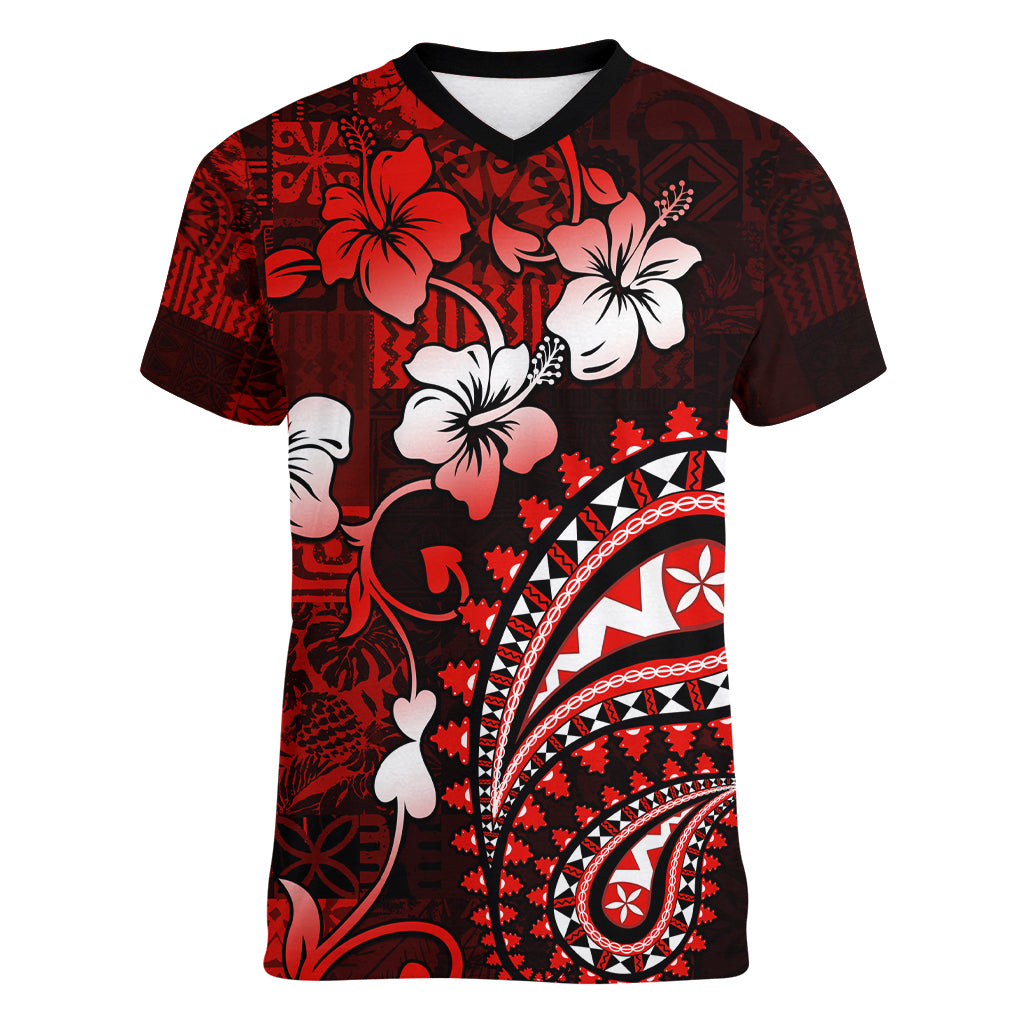 Fiji Masi Paisley Women V Neck T Shirt Fijian Hibiscus Tapa Red Version LT01 Female Red - Polynesian Pride