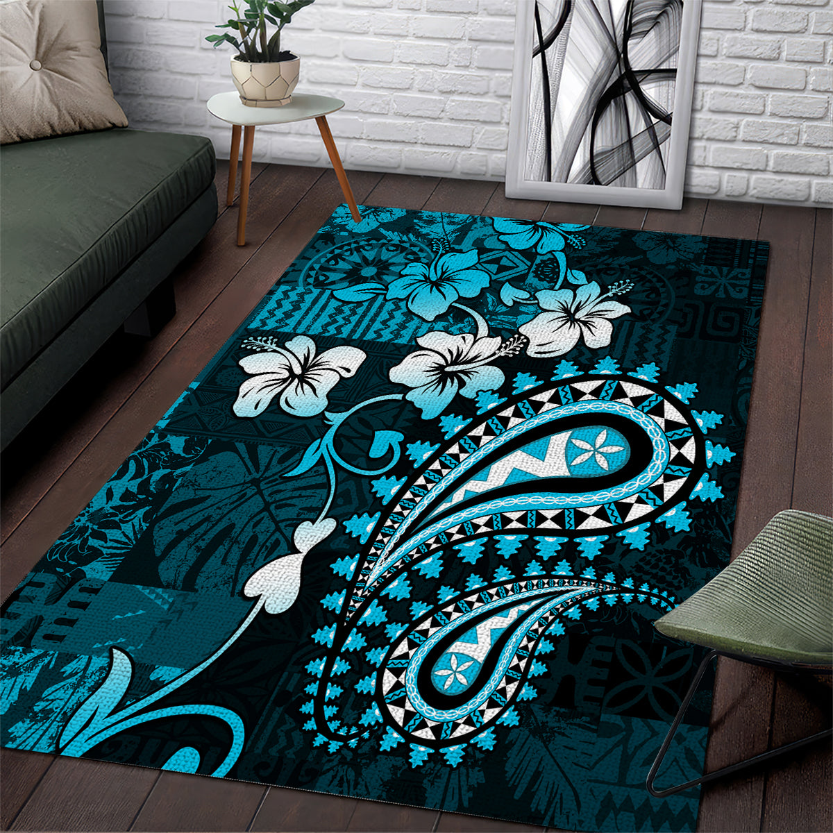 Fiji Masi Paisley Area Rug Fijian Hibiscus Tapa Sky Blue Version LT01 Blue - Polynesian Pride