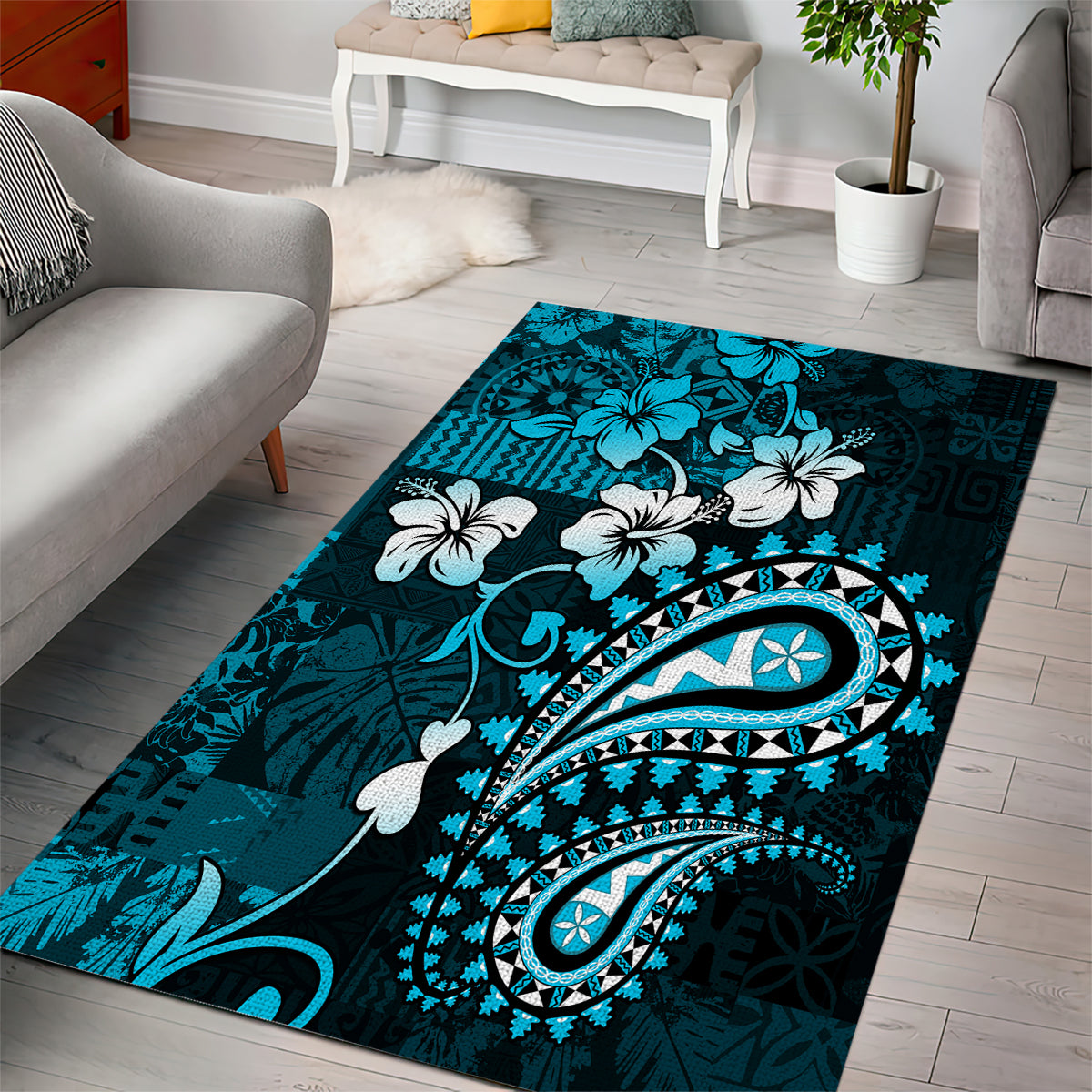 Fiji Masi Paisley Area Rug Fijian Hibiscus Tapa Sky Blue Version LT01 - Polynesian Pride