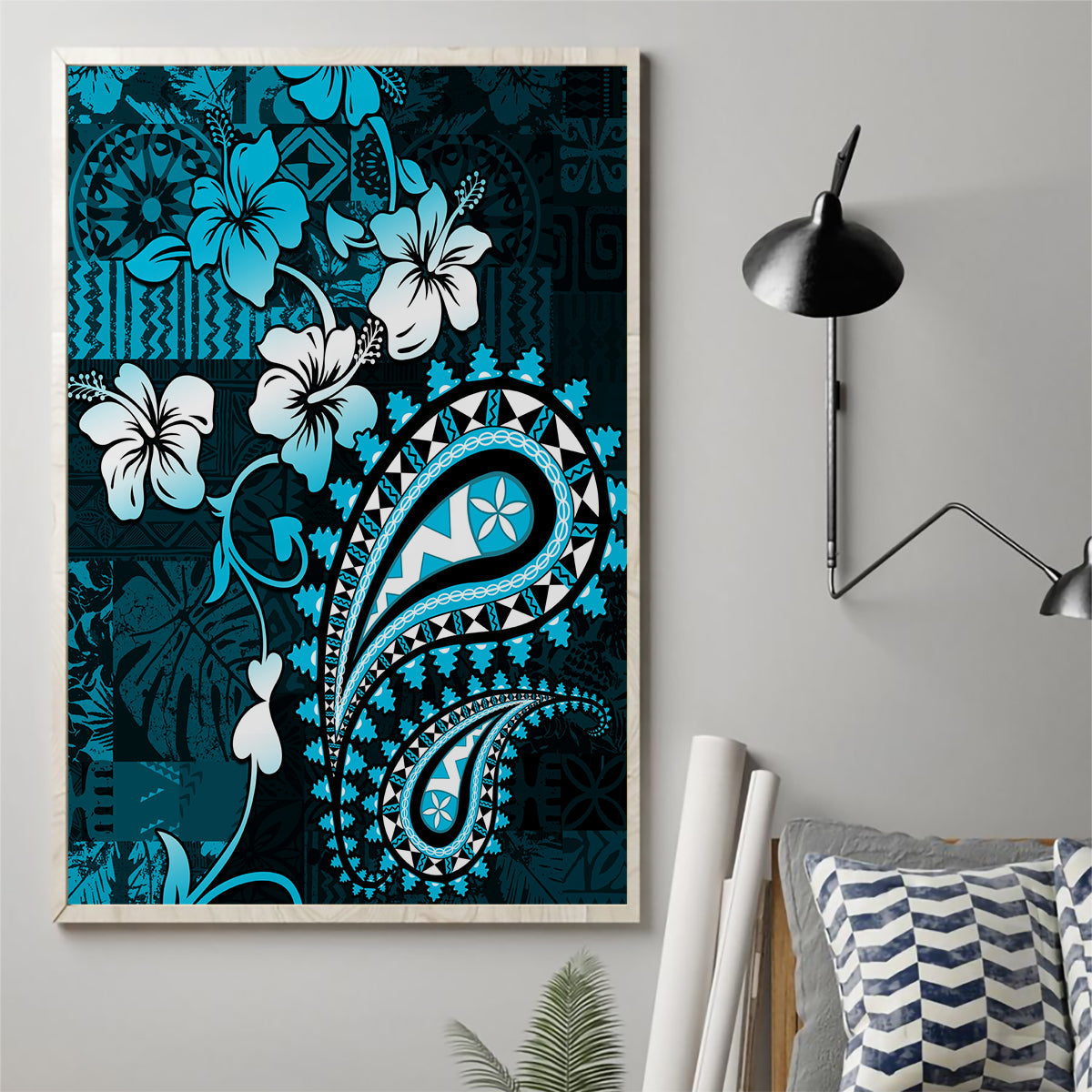 Fiji Masi Paisley Canvas Wall Art Fijian Hibiscus Tapa Sky Blue Version LT01 - Polynesian Pride