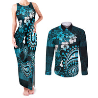 Fiji Masi Paisley Couples Matching Tank Maxi Dress and Long Sleeve Button Shirt Fijian Hibiscus Tapa Sky Blue Version LT01 Blue - Polynesian Pride