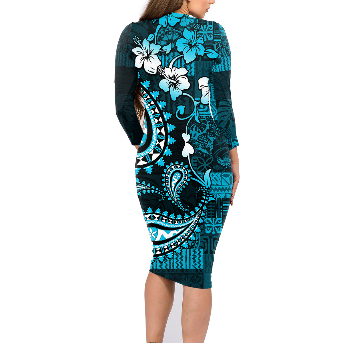 Fiji Masi Paisley Family Matching Long Sleeve Bodycon Dress and Hawaiian Shirt Fijian Hibiscus Tapa Sky Blue Version LT01 - Polynesian Pride