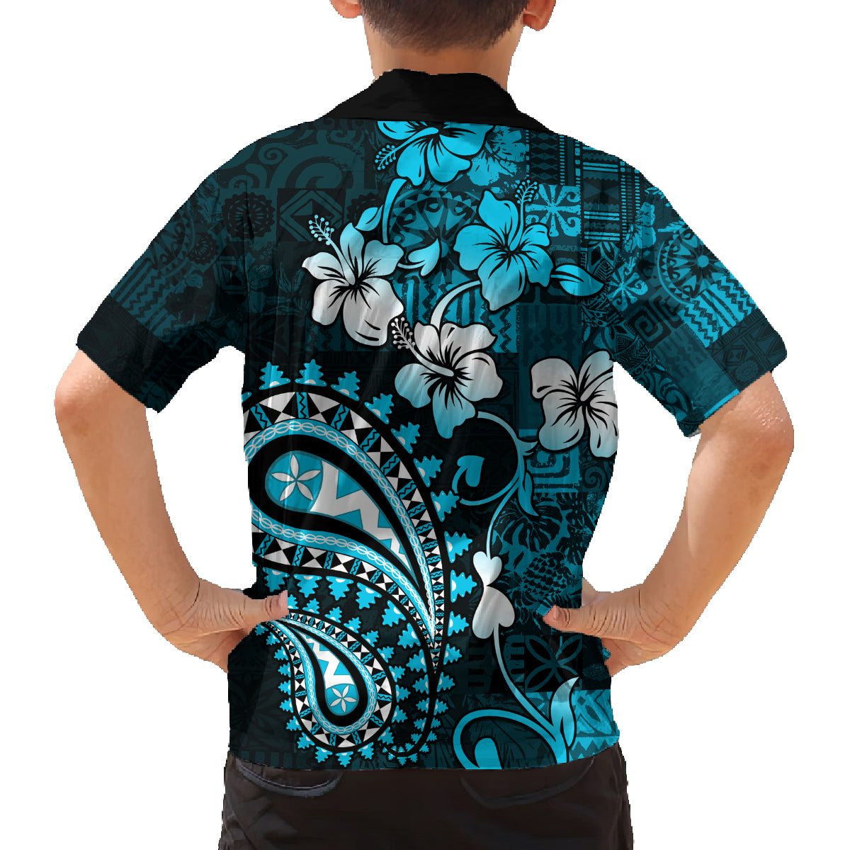 Fiji Masi Paisley Family Matching Puletasi Dress and Hawaiian Shirt Fijian Hibiscus Tapa Sky Blue Version LT01 - Polynesian Pride