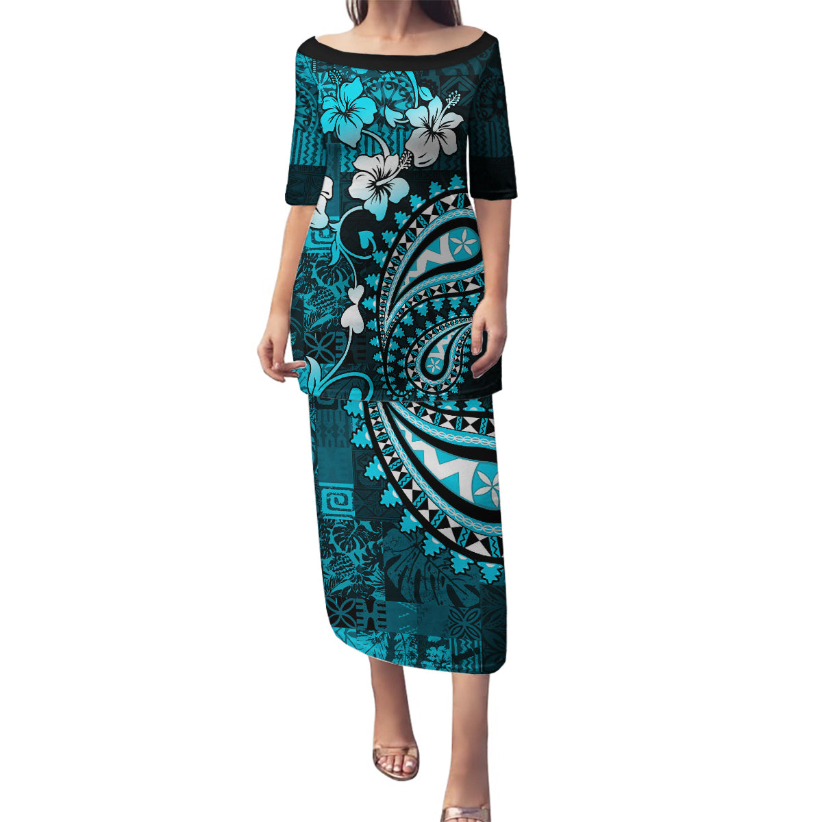 Fiji Masi Paisley Family Matching Puletasi Dress and Hawaiian Shirt Fijian Hibiscus Tapa Sky Blue Version LT01 Mom's Dress Blue - Polynesian Pride