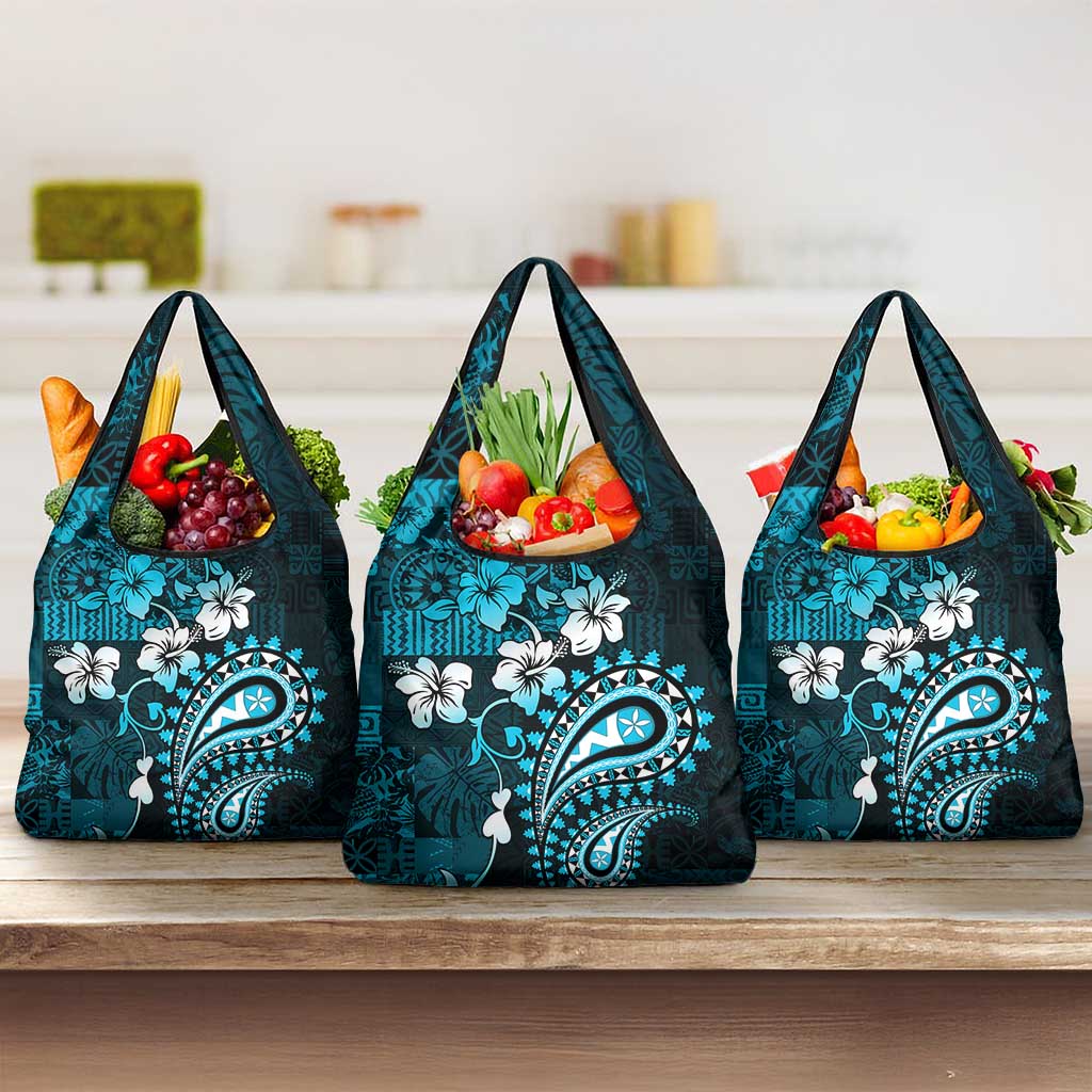 Fiji Masi Paisley Grocery Bag Fijian Hibiscus Tapa Sky Blue Version
