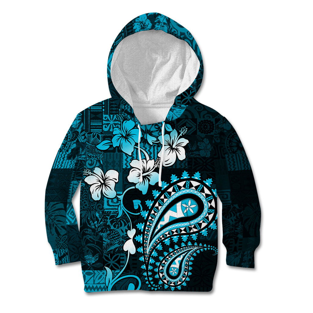 Fiji Masi Paisley Kid Hoodie Fijian Hibiscus Tapa Sky Blue Version LT01 Blue - Polynesian Pride