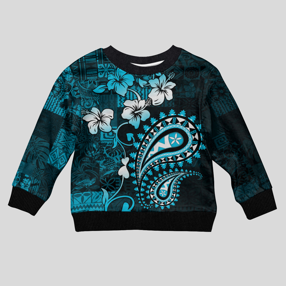 Fiji Masi Paisley Kid Ugly Christmas Sweater Fijian Hibiscus Tapa Sky Blue Version LT01 Kid Blue - Polynesian Pride