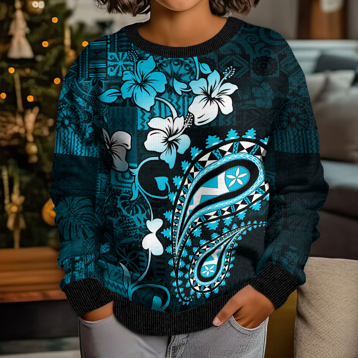Fiji Masi Paisley Kid Ugly Christmas Sweater Fijian Hibiscus Tapa Sky Blue Version LT01 - Polynesian Pride