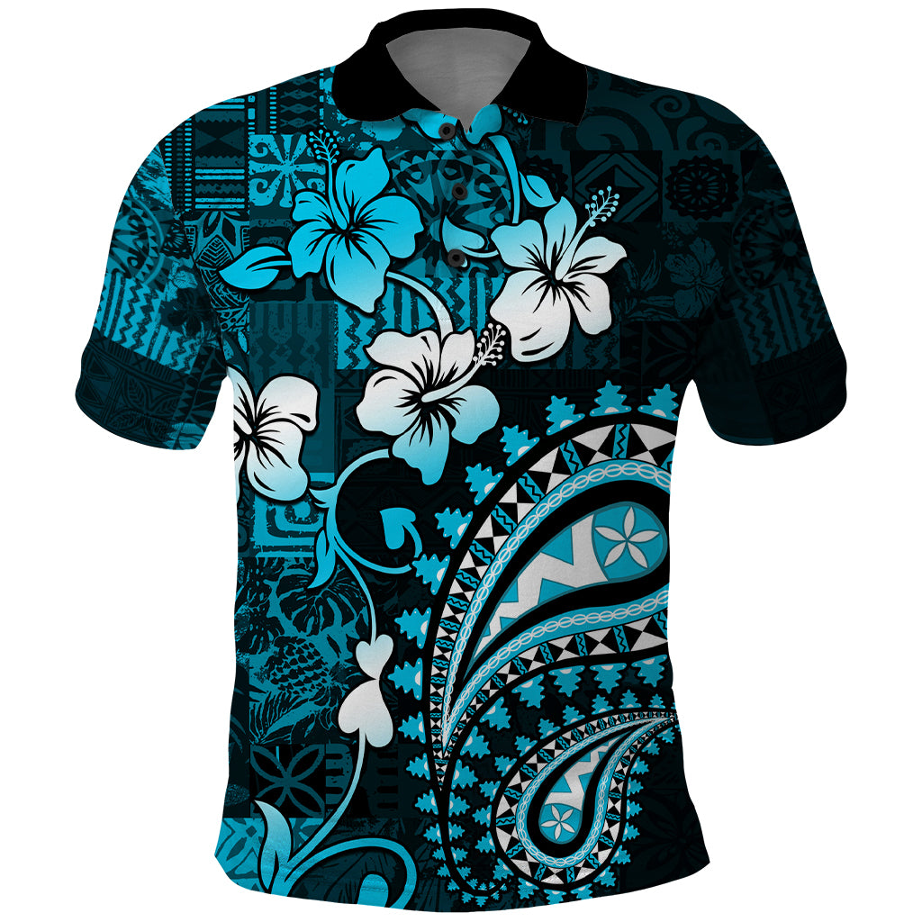 Fiji Masi Paisley Polo Shirt Fijian Hibiscus Tapa Sky Blue Version LT01 Blue - Polynesian Pride