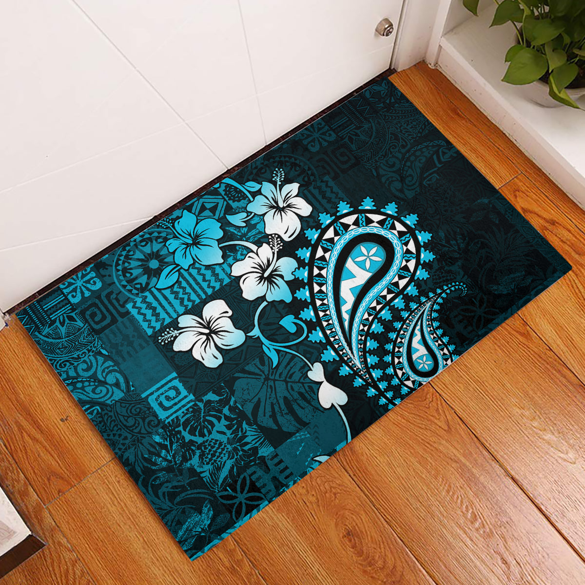 Fiji Masi Paisley Rubber Doormat Fijian Hibiscus Tapa Sky Blue Version LT01 Blue - Polynesian Pride