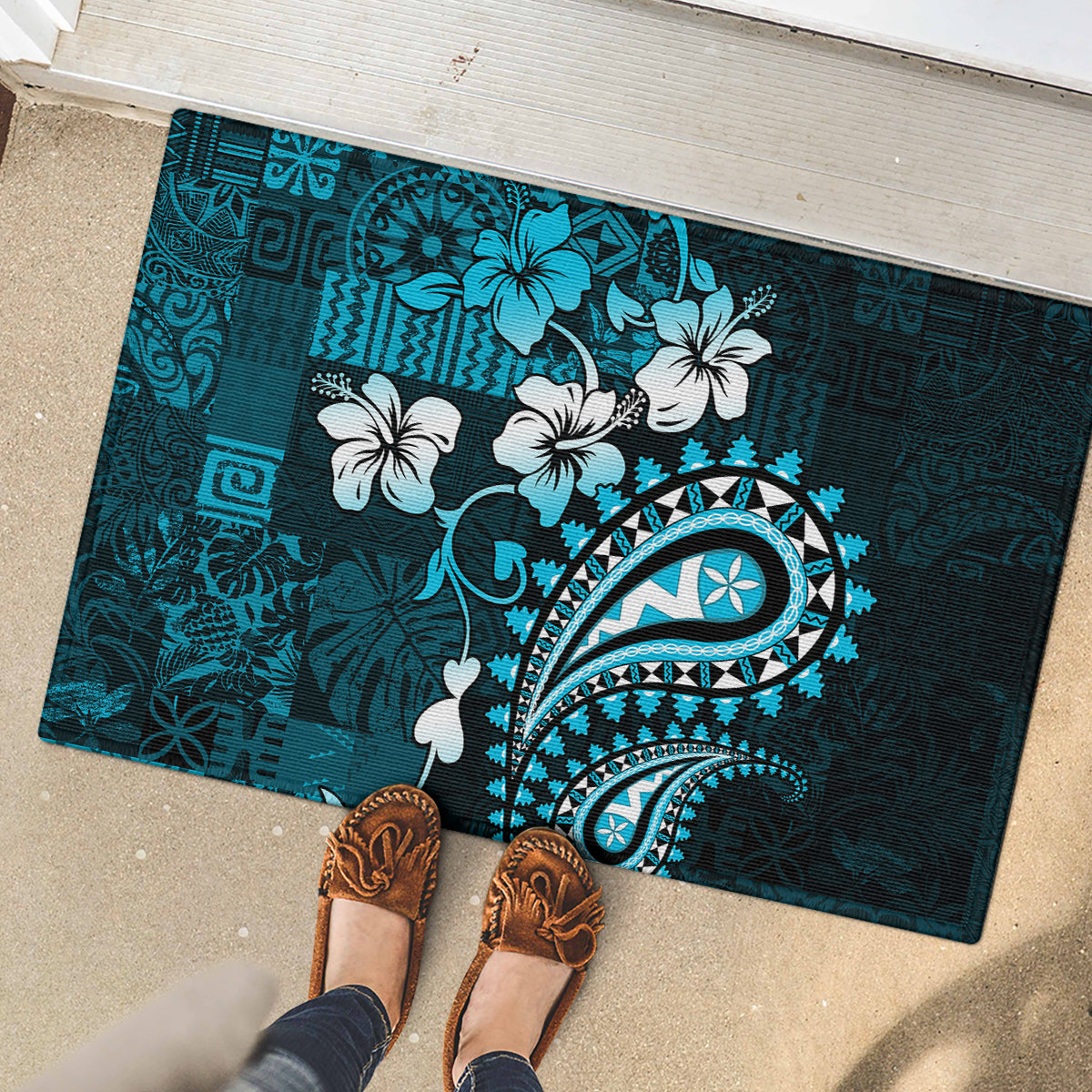Fiji Masi Paisley Rubber Doormat Fijian Hibiscus Tapa Sky Blue Version LT01 - Polynesian Pride
