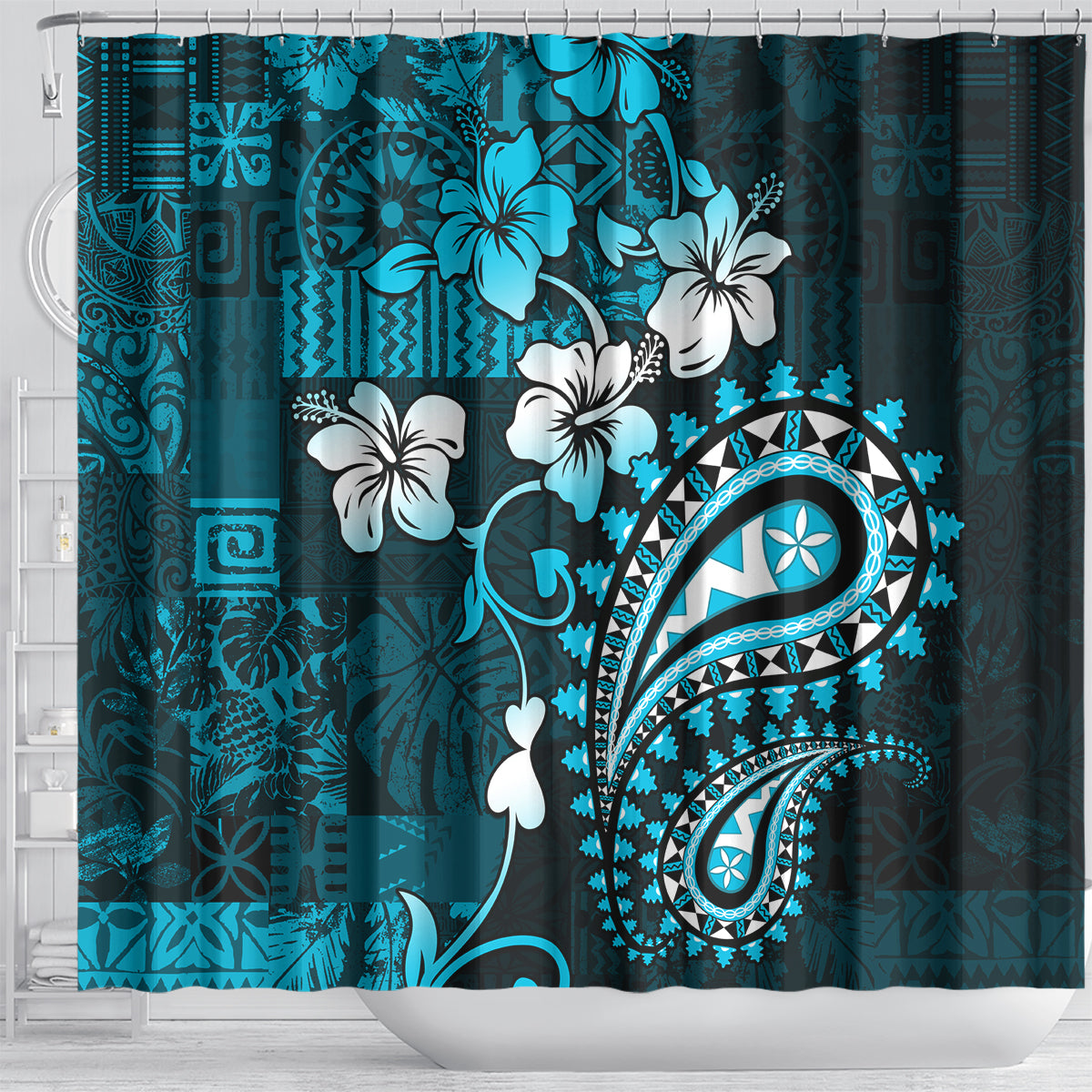 Fiji Masi Paisley Shower Curtain Fijian Hibiscus Tapa Sky Blue Version LT01 - Polynesian Pride