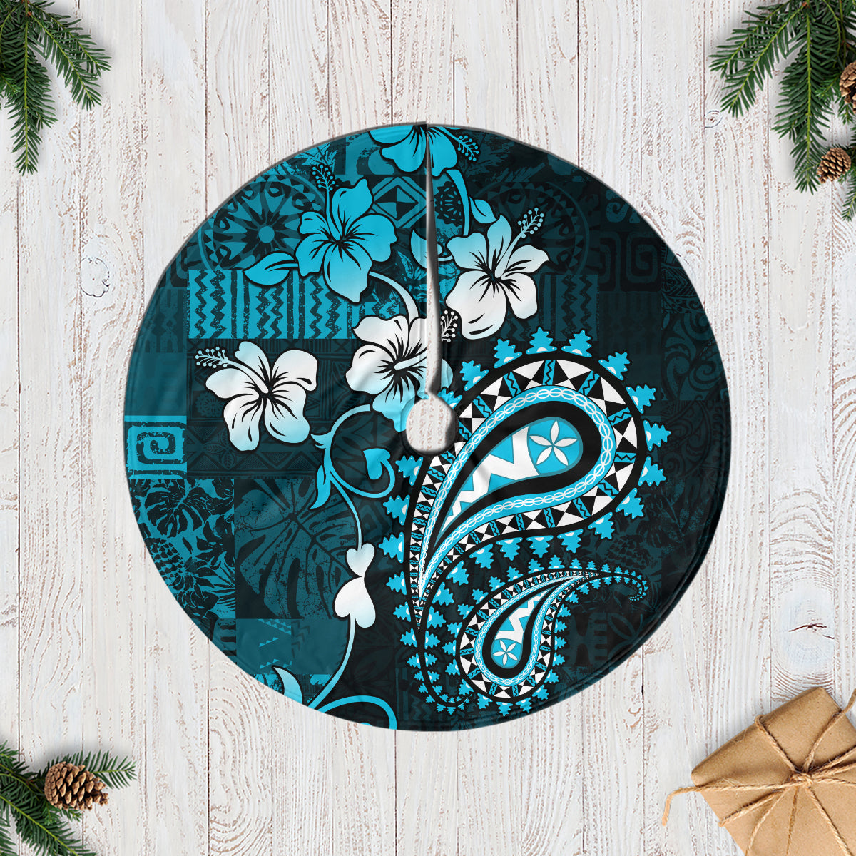 Fiji Masi Paisley Tree Skirt Fijian Hibiscus Tapa Sky Blue Version LT01 Casual Tree Skirts Blue - Polynesian Pride