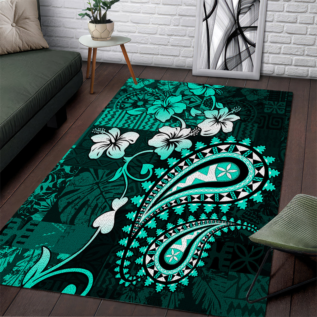 Fiji Masi Paisley Area Rug Fijian Hibiscus Tapa Turquoise Version LT01 Turquoise - Polynesian Pride