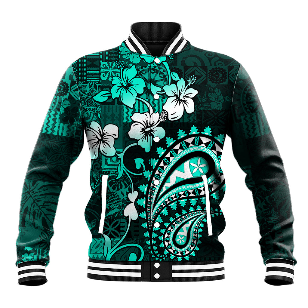 Fiji Masi Paisley Baseball Jacket Fijian Hibiscus Tapa Turquoise Version LT01 Unisex Turquoise - Polynesian Pride