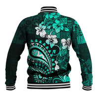 Fiji Masi Paisley Baseball Jacket Fijian Hibiscus Tapa Turquoise Version LT01 - Polynesian Pride