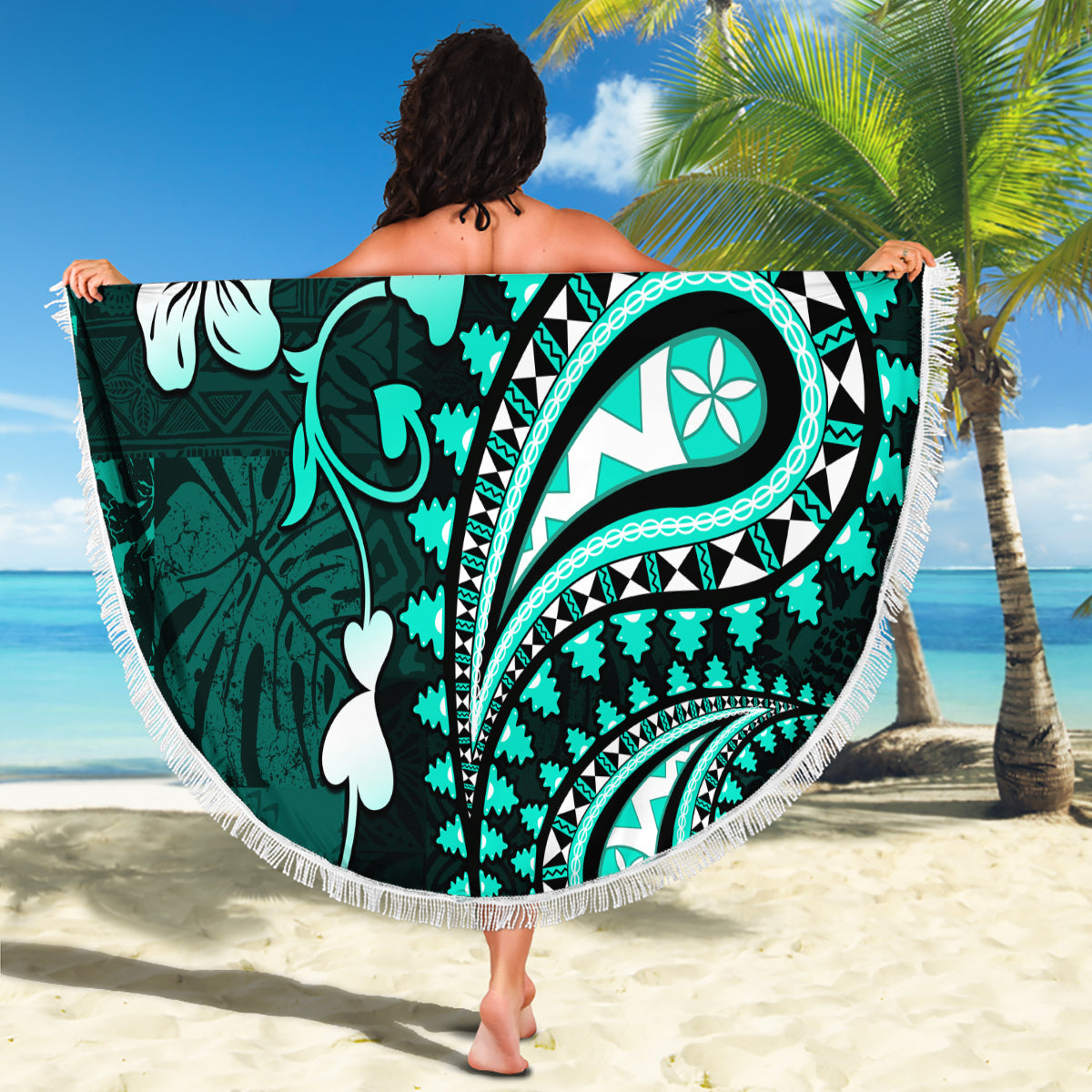 Fiji Masi Paisley Beach Blanket Fijian Hibiscus Tapa Turquoise Version LT01 - Polynesian Pride