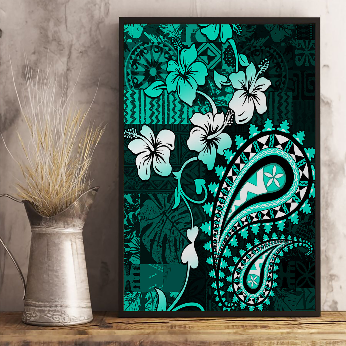Fiji Masi Paisley Canvas Wall Art Fijian Hibiscus Tapa Turquoise Version LT01 - Polynesian Pride