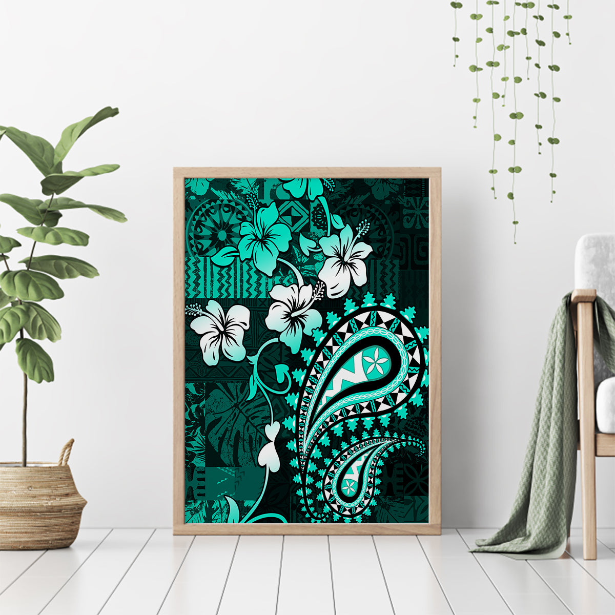 Fiji Masi Paisley Canvas Wall Art Fijian Hibiscus Tapa Turquoise Version LT01 - Polynesian Pride