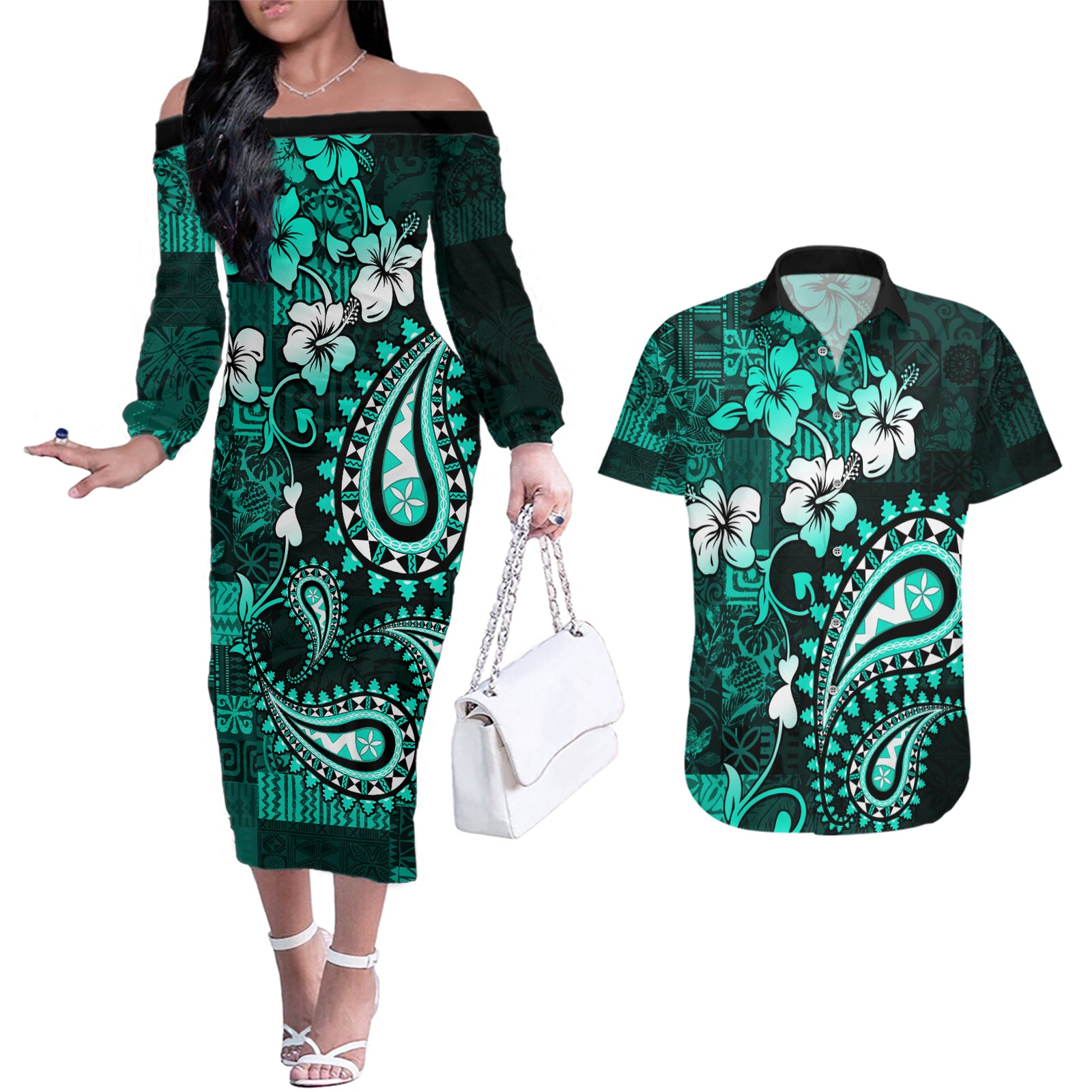 Fiji Masi Paisley Couples Matching Off The Shoulder Long Sleeve Dress and Hawaiian Shirt Fijian Hibiscus Tapa Turquoise Version LT01 Turquoise - Polynesian Pride