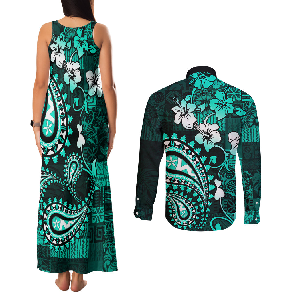 Fiji Masi Paisley Couples Matching Tank Maxi Dress and Long Sleeve Button Shirt Fijian Hibiscus Tapa Turquoise Version LT01 - Polynesian Pride