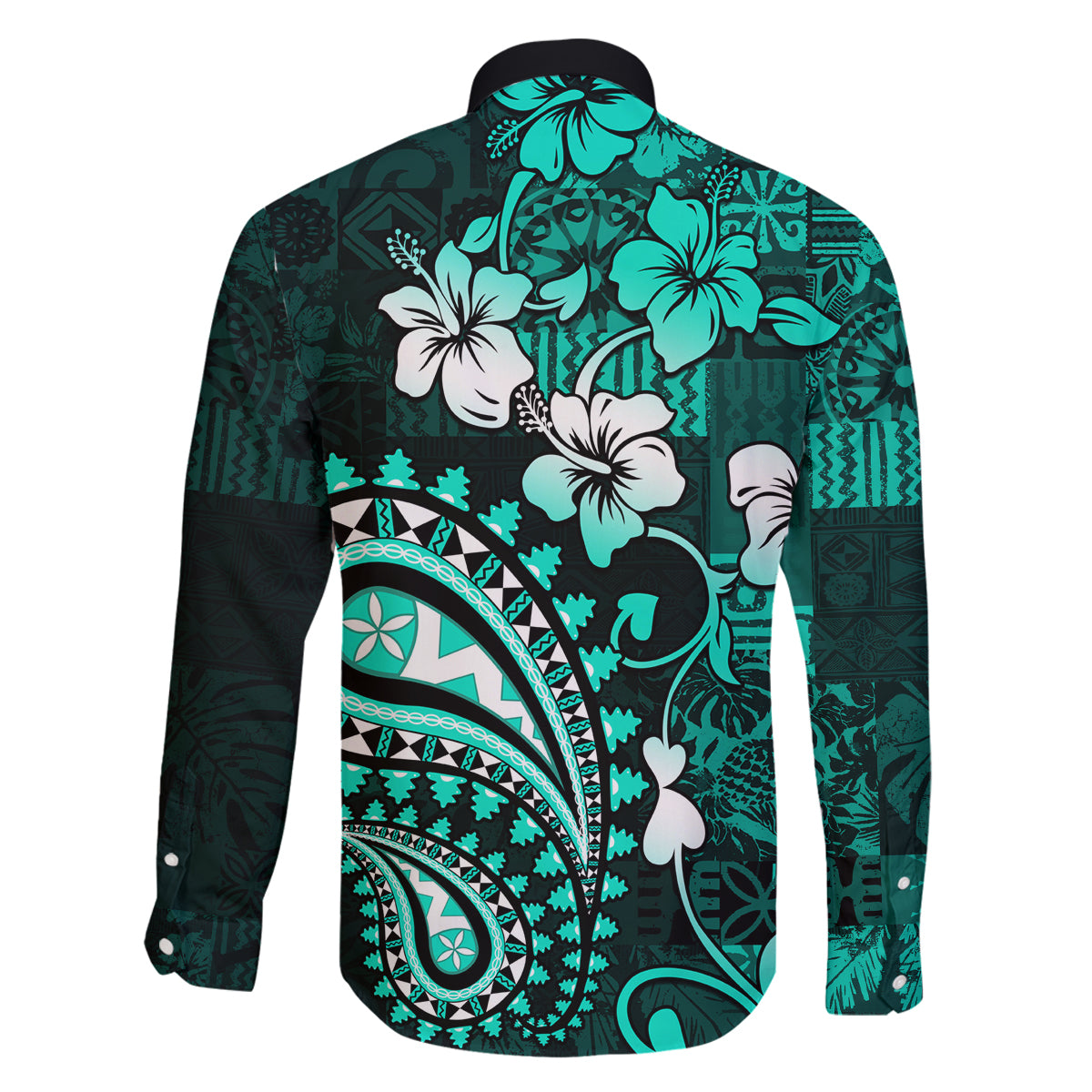Fiji Masi Paisley Family Matching Off Shoulder Maxi Dress and Hawaiian Shirt Fijian Hibiscus Tapa Turquoise Version LT01 - Polynesian Pride