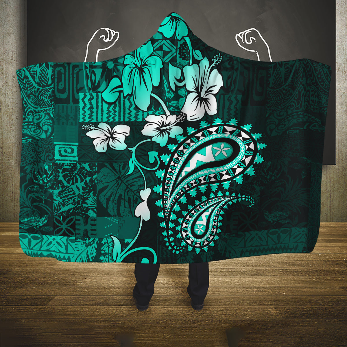 Fiji Masi Paisley Hooded Blanket Fijian Hibiscus Tapa Turquoise Version LT01 One Size Turquoise - Polynesian Pride