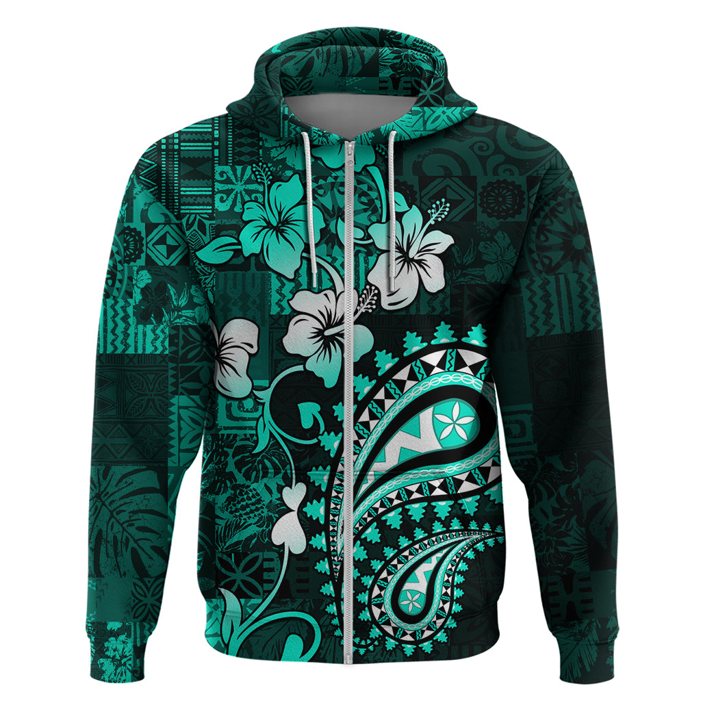 Fiji Masi Paisley Hoodie Fijian Hibiscus Tapa Turquoise Version LT01 Zip Hoodie Turquoise - Polynesian Pride