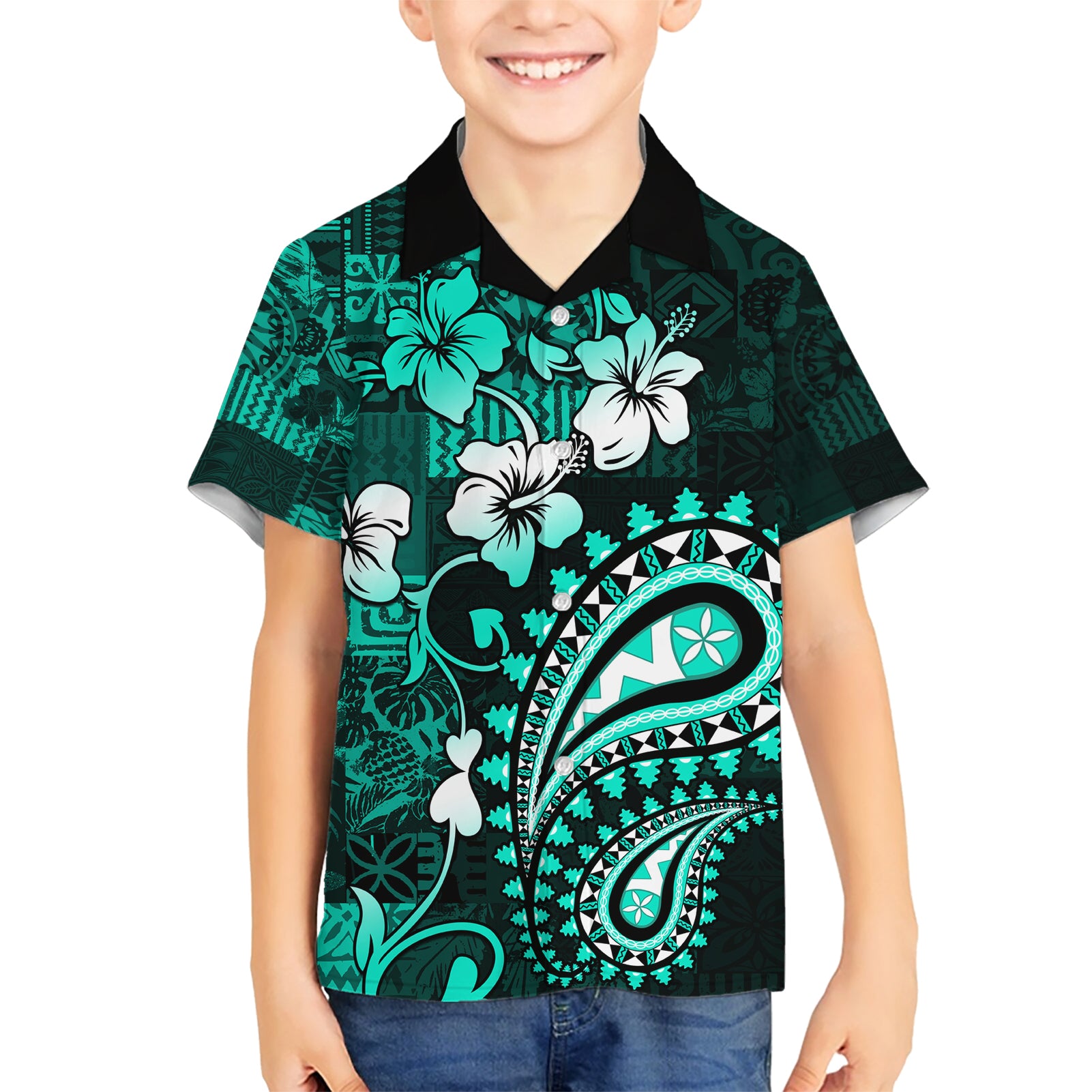 Fiji Masi Paisley Kid Hawaiian Shirt Fijian Hibiscus Tapa Turquoise Version LT01 Kid Turquoise - Polynesian Pride